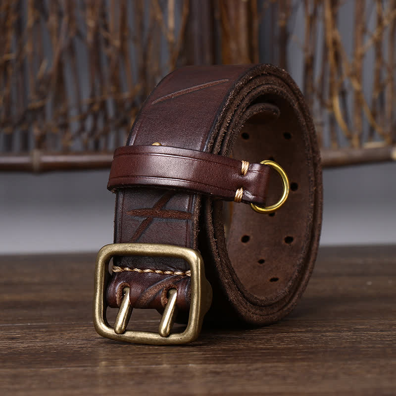 Rugged Style Double Prong Workwear Leather Belt - Coffee - 44 - image 0