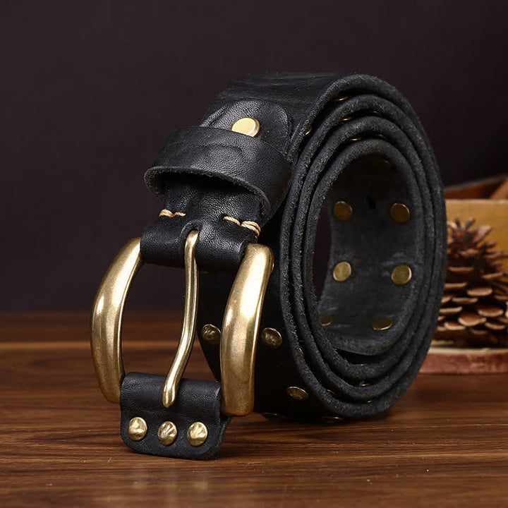 Old West Brass Rivet Distressed Studded Leather Belt - Black - 44 - image 5