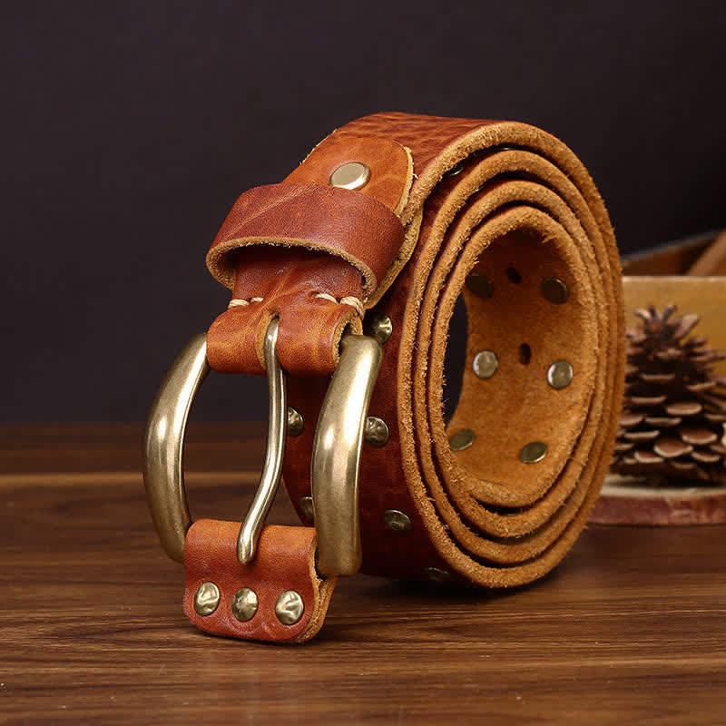 Old West Brass Rivet Distressed Studded Leather Belt - Orange - 44 - image 0