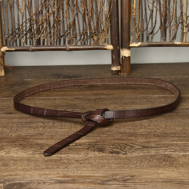 Women's Hand-Tied Crocodile-Embossed Leather Knot Belt - Coffee - 47.2"(120cm) - image 0