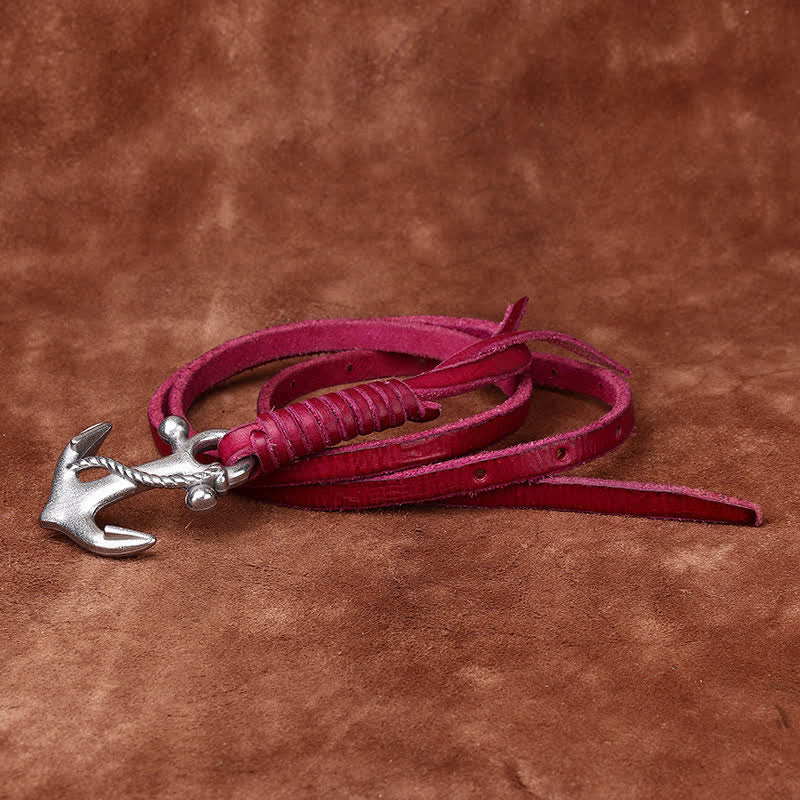 Women's Nautical Anchor Vintage Buckle Narrow Leather Belt - Reddish-Brown - 40 - image 11
