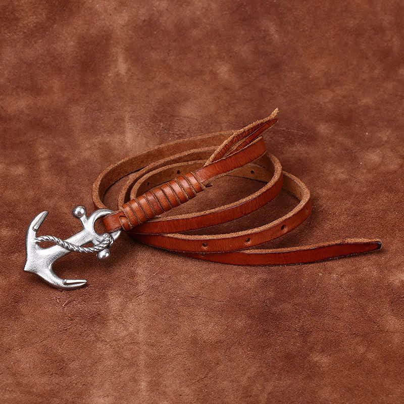 Women's Nautical Anchor Vintage Buckle Narrow Leather Belt - Orange - 40 - image 0