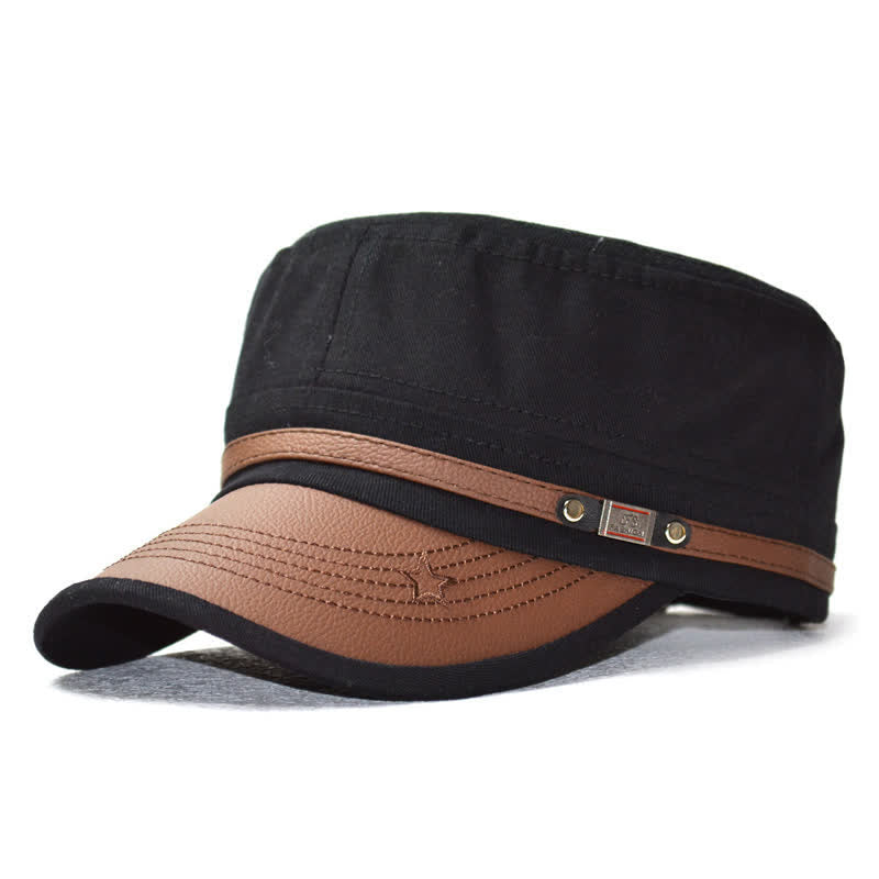 Military-Style Leather Accents & Star Embroidery Flat Top Hat - Black - M (22"-22 7/8") - image 1