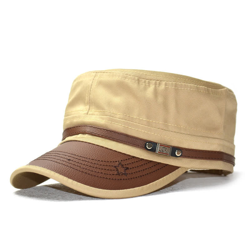 Military-Style Leather Accents & Star Embroidery Flat Top Hat - Khaki - M (22"-22 7/8") - image 10
