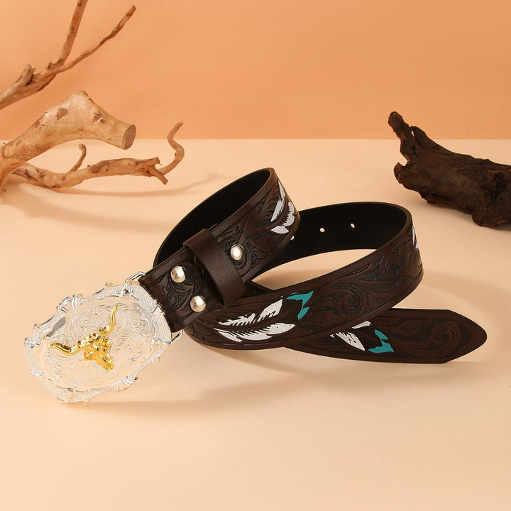 Western Golden Bullhead Buckle Feather Embossed Leather Belt - image 6