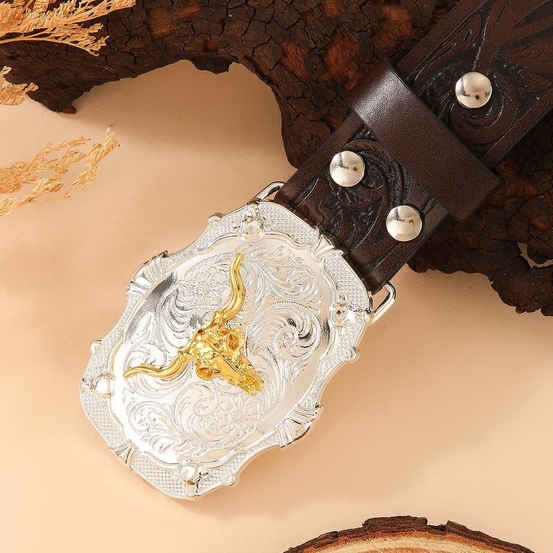 Western Golden Bullhead Buckle Feather Embossed Leather Belt - image 5