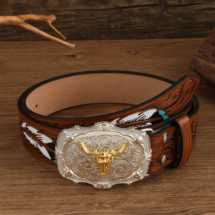 Western Golden Bullhead Buckle Feather Embossed Leather Belt - Brown - 42 - image 0