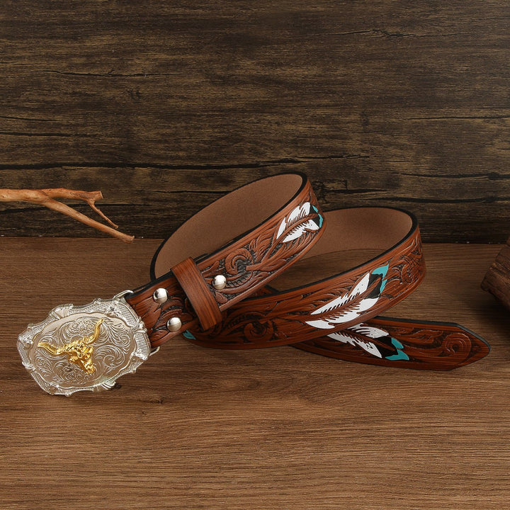 Western Golden Bullhead Buckle Feather Embossed Leather Belt - image 3