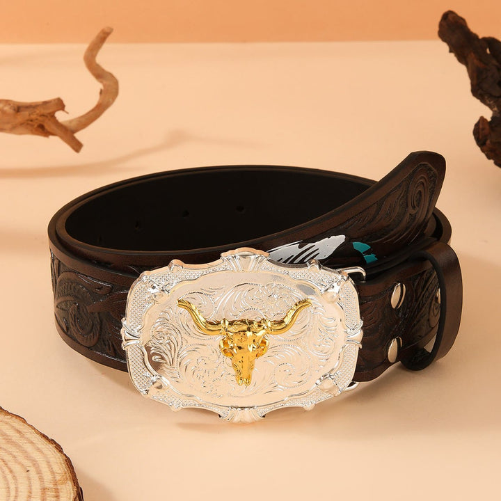 Western Golden Bullhead Buckle Feather Embossed Leather Belt - Coffee - 42 - image 4