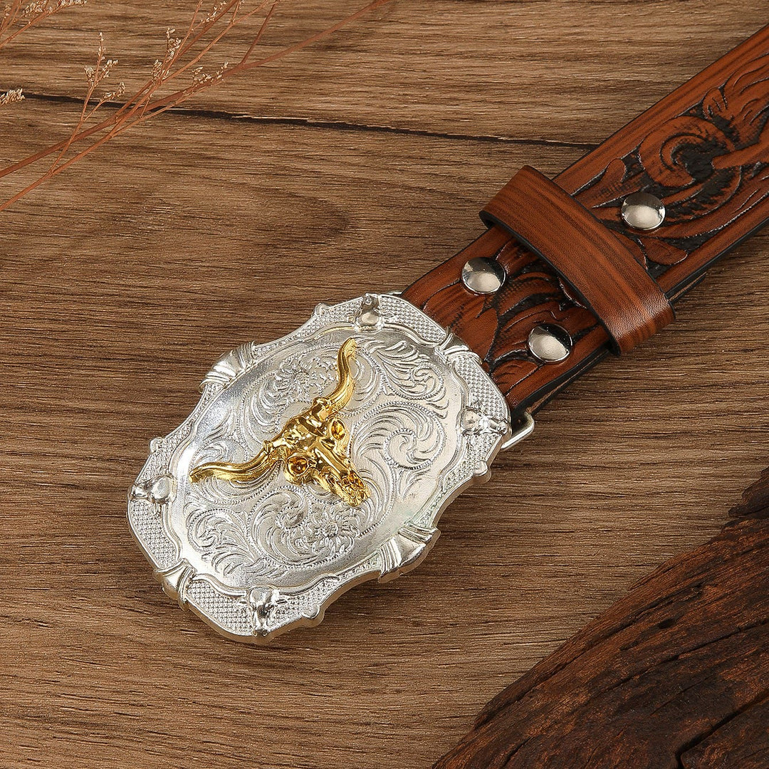 Western Golden Bullhead Buckle Feather Embossed Leather Belt - image 2