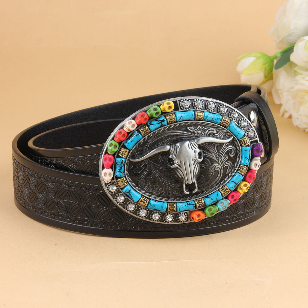 Western Bohemian Beaded Turquoise Bullhead Buckle Embossed Leather Belt - Bullhead - 40 - image 0