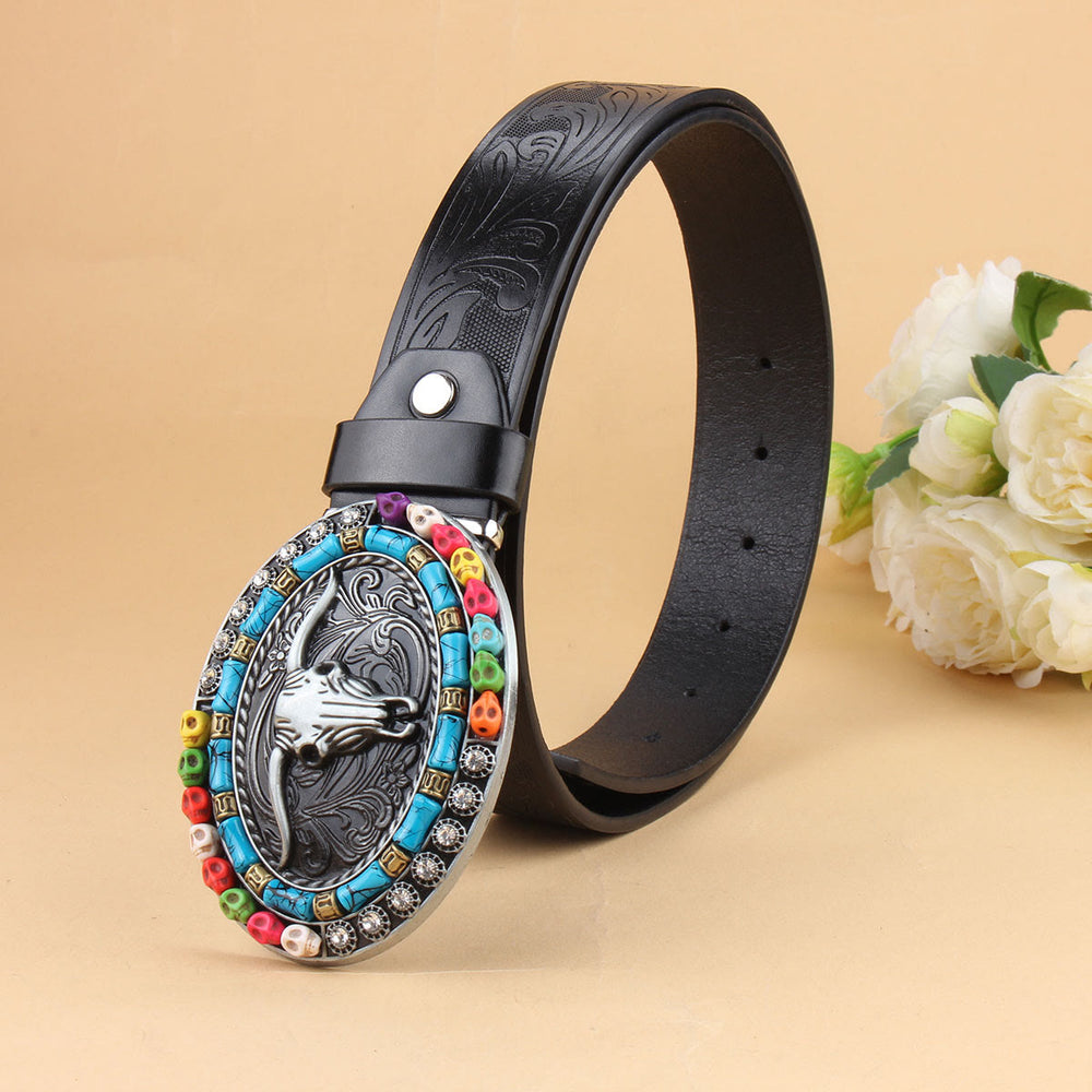 Western Bohemian Beaded Turquoise Bullhead Buckle Embossed Leather Belt - image 1