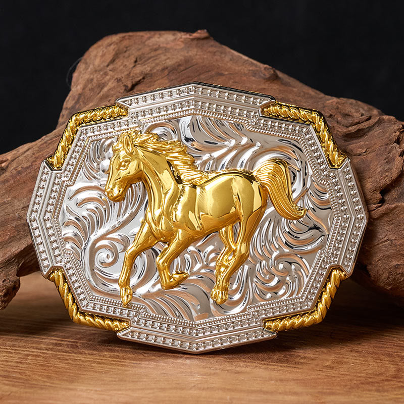 Men's Western Gold And Silver Relief Galloping Horse Buckle Leather Belt - Without Belt - Not Included Belt - image 0
