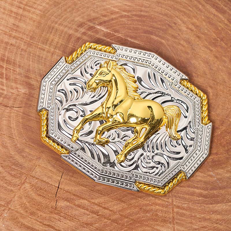Men's Western Gold And Silver Relief Galloping Horse Buckle Leather Belt - image 1