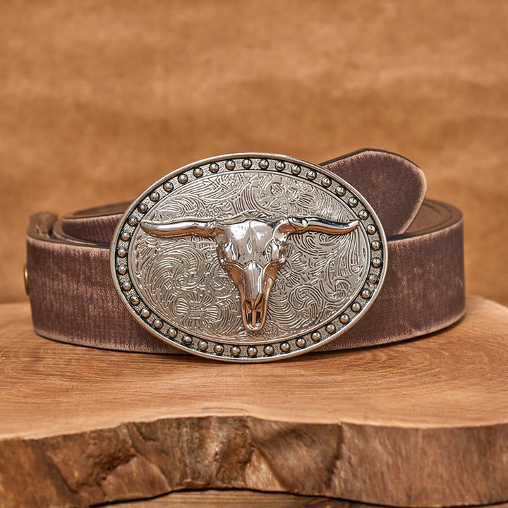 Men's Silver Longhorn Bullhead Oval Buckle Leather Belt - Brown Distressed Belt - 42 - image 5