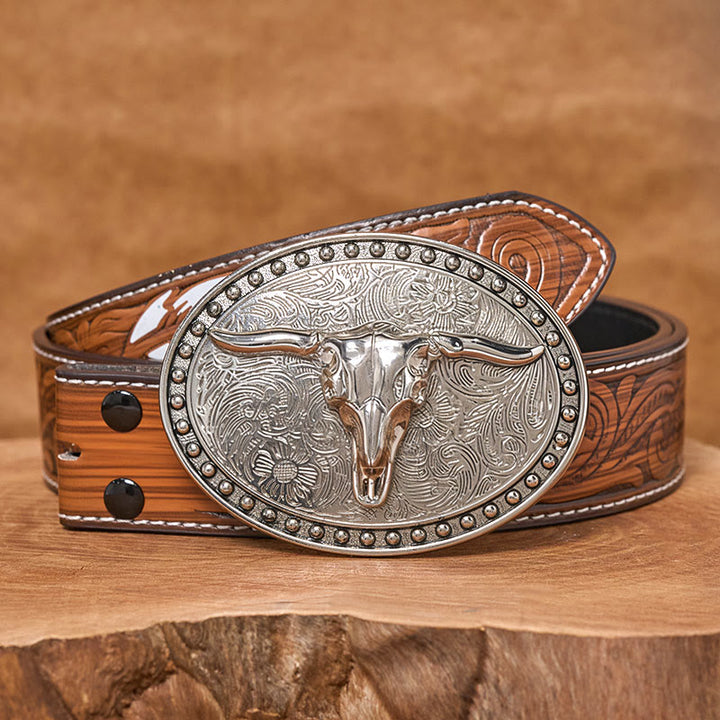 Men's Silver Longhorn Bullhead Oval Buckle Leather Belt - Brown Feather Belt - 40 - image 7