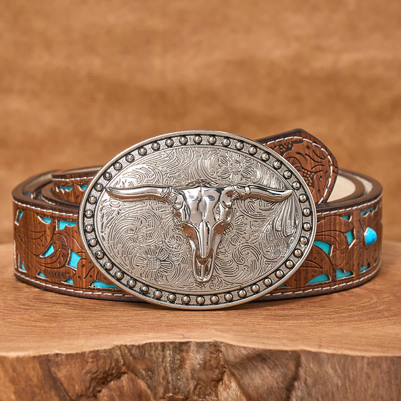 Men's Silver Longhorn Bullhead Oval Buckle Leather Belt - Turquoise Carved Belt - 42 - image 3