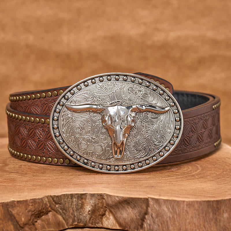 Men's Silver Longhorn Bullhead Oval Buckle Leather Belt - Brown Rivet Belt - 42 - image 4