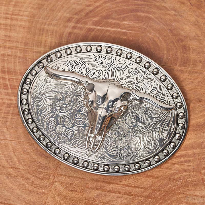 Men's Silver Longhorn Bullhead Oval Buckle Leather Belt - image 1