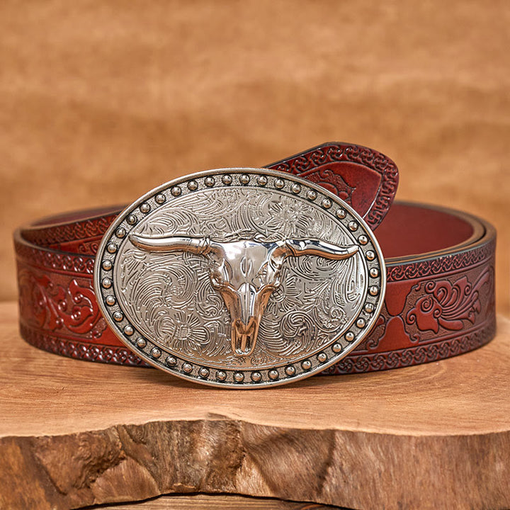 Men's Silver Longhorn Bullhead Oval Buckle Leather Belt - Brown Carved Belt - 42 - image 6