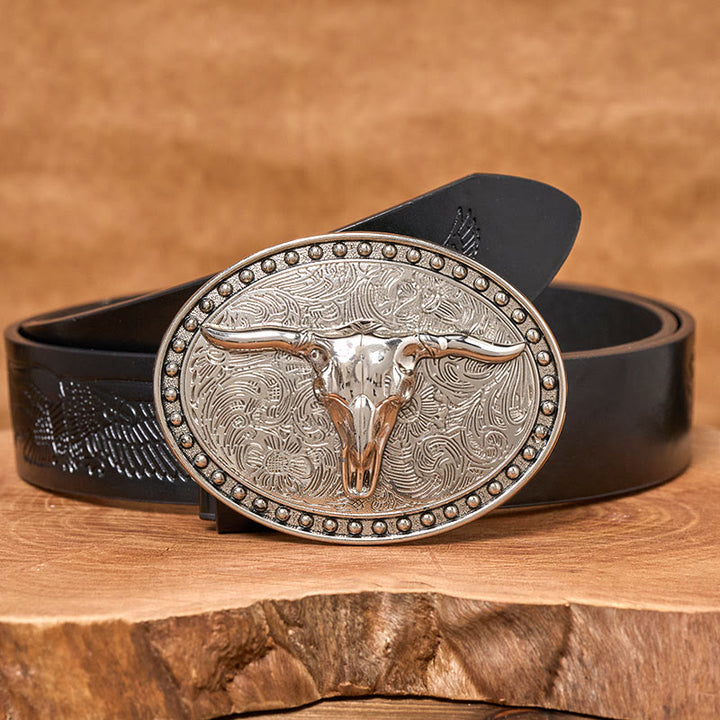 Men's Silver Longhorn Bullhead Oval Buckle Leather Belt - Black Embossed Eagle Belt - 42 - image 2