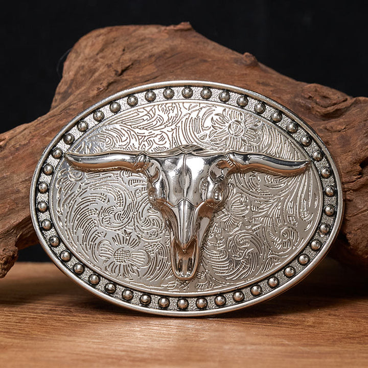 Men's Silver Longhorn Bullhead Oval Buckle Leather Belt - Without Belt - Not Included Belt - image 0