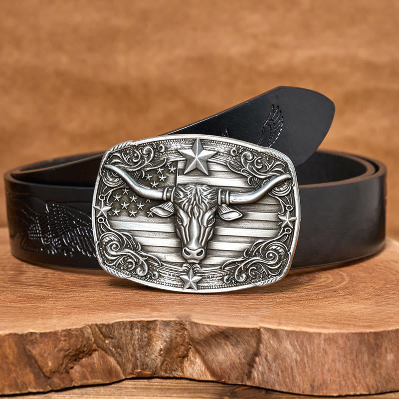 Men's Silver Vintage Star-striped Flag Longhorn bull Buckle Leather Belt - Black Embossed Eagle Belt - 42 - image 2