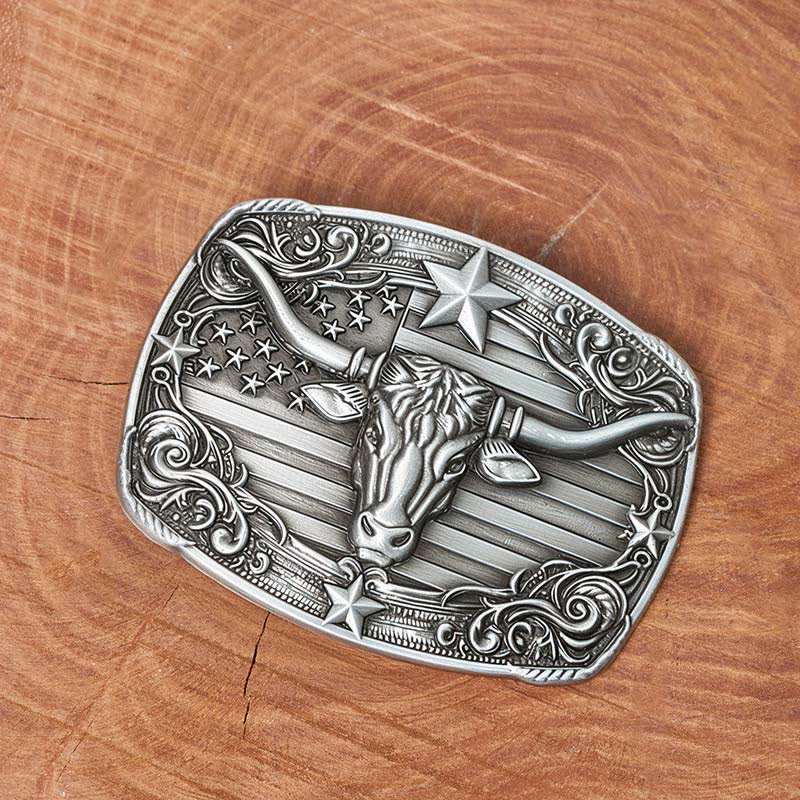 Men's Silver Vintage Star-striped Flag Longhorn bull Buckle Leather Belt - image 1