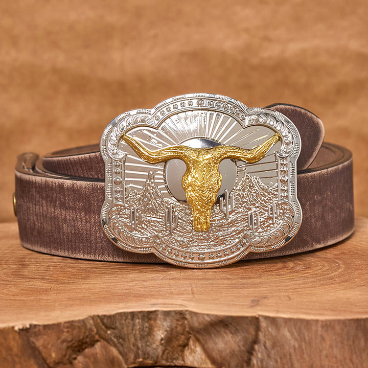 Men's Silver Western Desert Bullhead Relief Buckle Leather Belt - Golden - Brown Distressed Belt - 42 - image 10