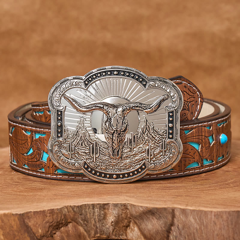 Men's Silver Western Desert Bullhead Relief Buckle Leather Belt - Silver - Turquoise Carved Belt - 42 - image 5