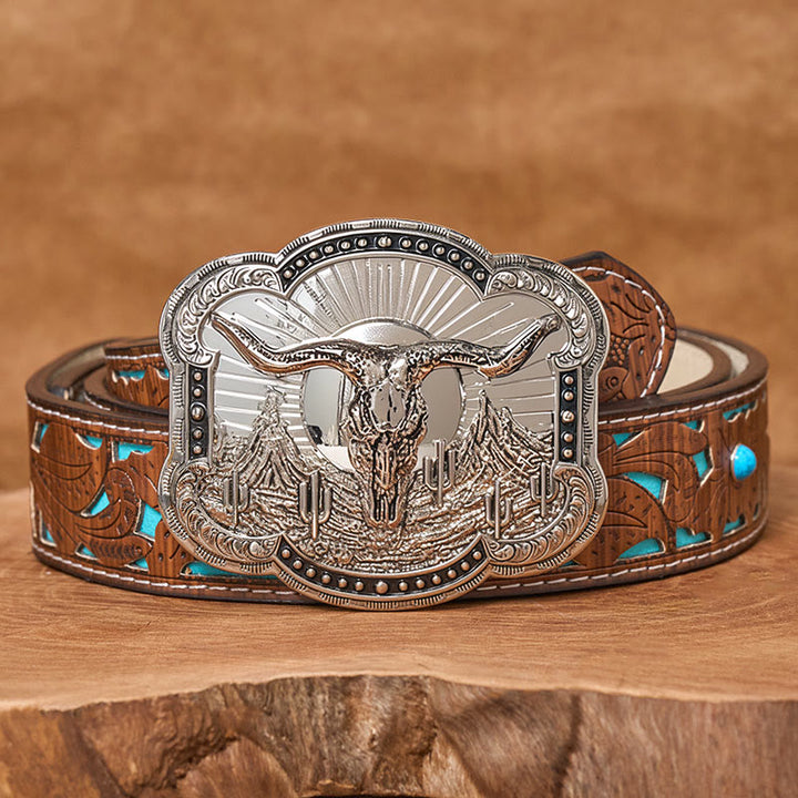 Men's Silver Western Desert Bullhead Relief Buckle Leather Belt - Silver - Turquoise Carved Belt - 42 - image 5