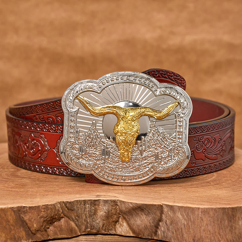 Men's Silver Western Desert Bullhead Relief Buckle Leather Belt - Golden - Brown Carved Belt - 42 - image 12