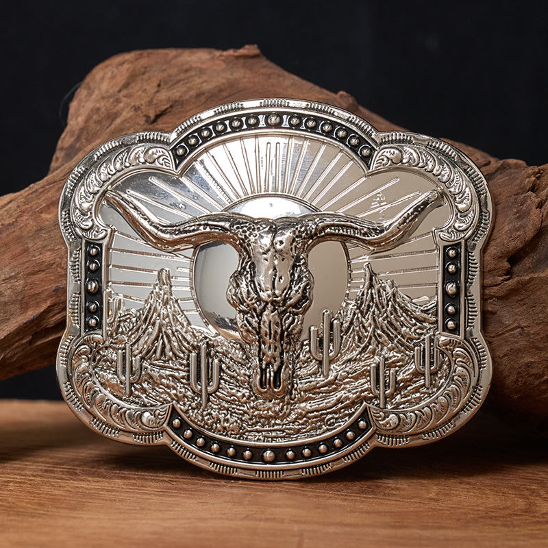 Men's Silver Western Desert Bullhead Relief Buckle Leather Belt - Silver - Without Belt - Not Included Belt - image 0