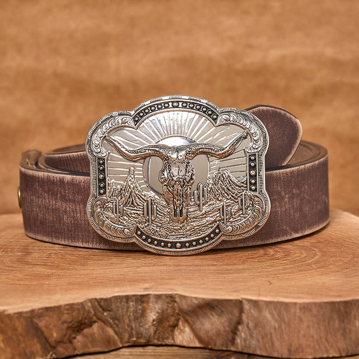 Men's Silver Western Desert Bullhead Relief Buckle Leather Belt - Silver - Brown Distressed Belt - 42 - image 9