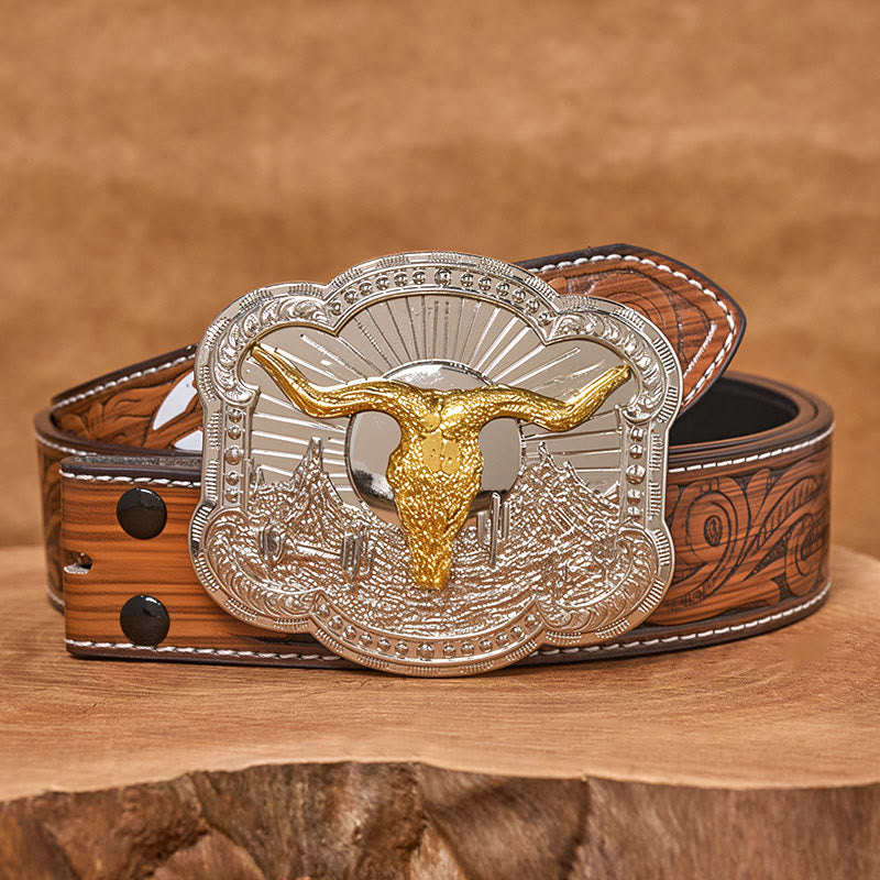 Men's Silver Western Desert Bullhead Relief Buckle Leather Belt - Golden - Brown Feather Belt - 40 - image 14