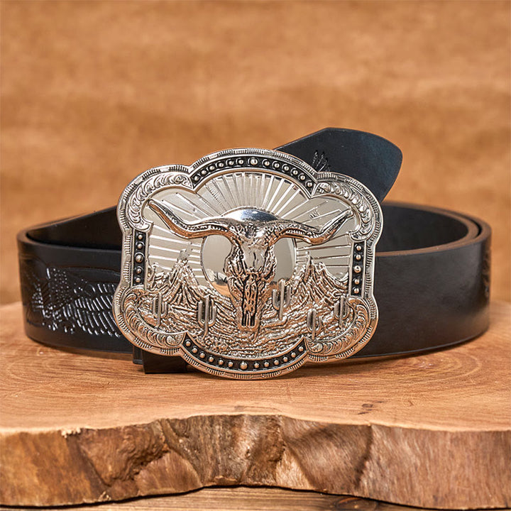 Men's Silver Western Desert Bullhead Relief Buckle Leather Belt - Silver - Black Embossed Eagle Belt - 42 - image 3