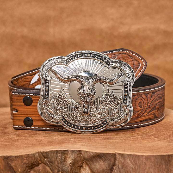Men's Silver Western Desert Bullhead Relief Buckle Leather Belt - Silver - Brown Feather Belt - 40 - image 13