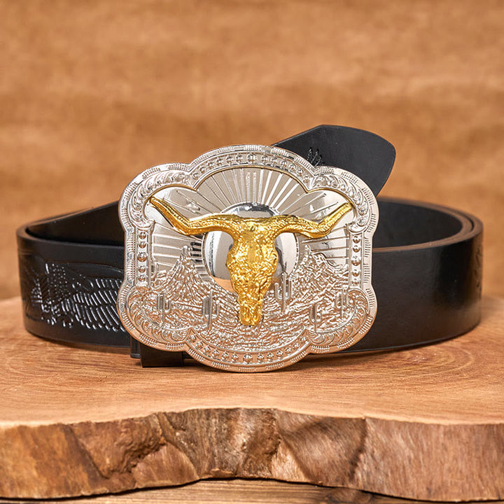 Men's Silver Western Desert Bullhead Relief Buckle Leather Belt - Golden - Black Embossed Eagle Belt - 42 - image 4