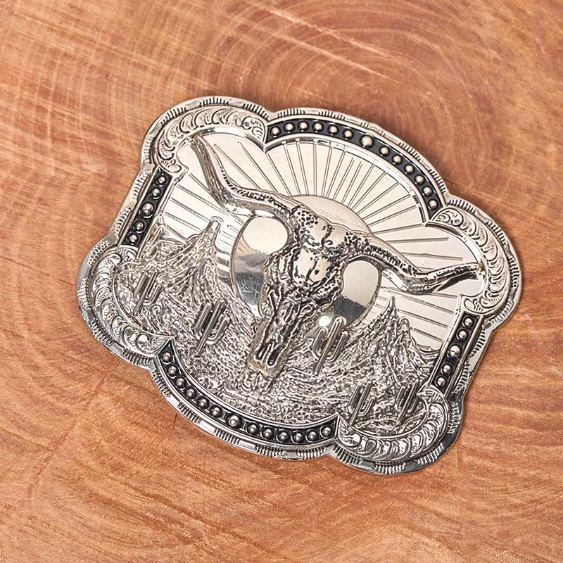 Men's Silver Western Desert Bullhead Relief Buckle Leather Belt - image 1