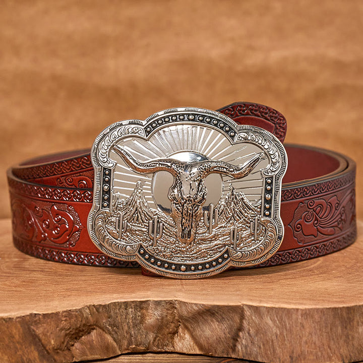 Men's Silver Western Desert Bullhead Relief Buckle Leather Belt - Silver - Brown Carved Belt - 42 - image 11