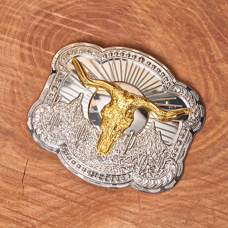 Men's Silver Western Desert Bullhead Relief Buckle Leather Belt - Golden - Without Belt - Not Included Belt - image 2