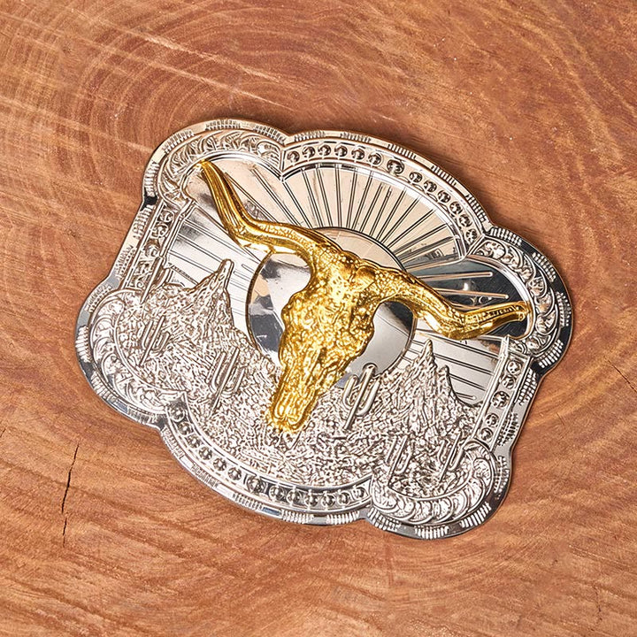 Men's Silver Western Desert Bullhead Relief Buckle Leather Belt - Golden - Without Belt - Not Included Belt - image 2