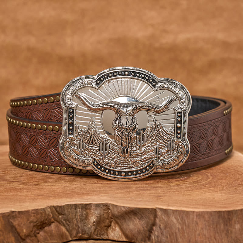 Men's Silver Western Desert Bullhead Relief Buckle Leather Belt - Silver - Brown Rivet Belt - 42 - image 7