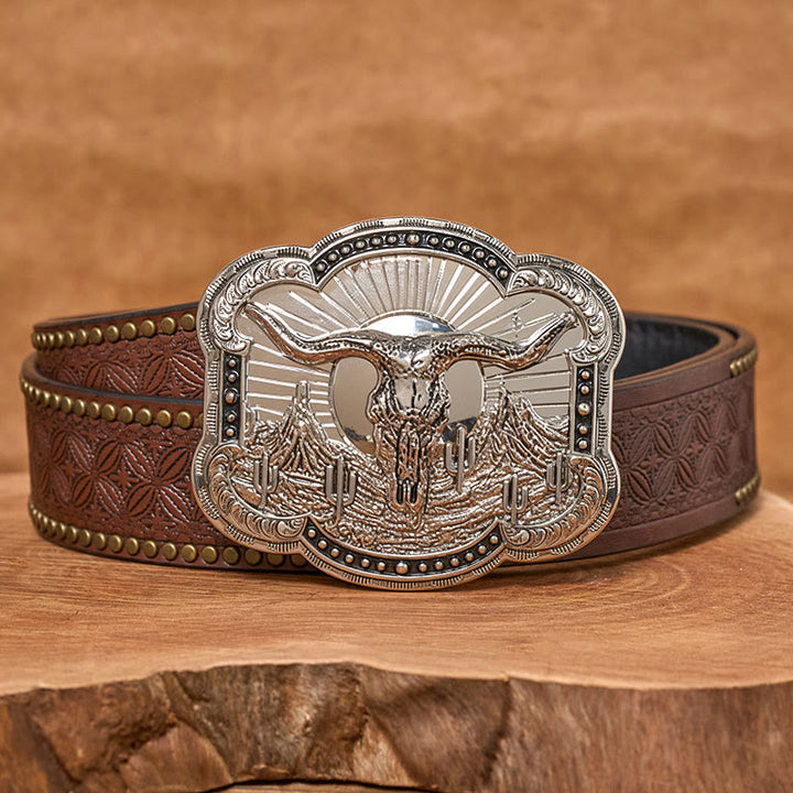 Men's Silver Western Desert Bullhead Relief Buckle Leather Belt - Silver - Brown Rivet Belt - 42 - image 7