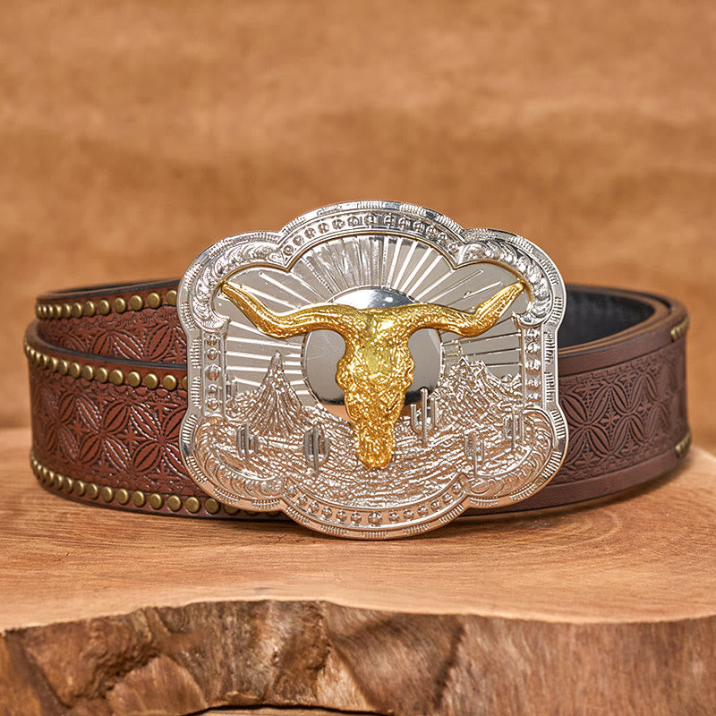 Men's Silver Western Desert Bullhead Relief Buckle Leather Belt - Golden - Brown Rivet Belt - 42 - image 8