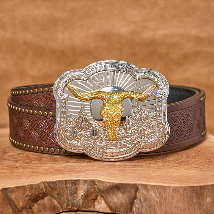 Men's Silver Western Desert Bullhead Relief Buckle Leather Belt - Golden - Brown Rivet Belt - 42 - image 8
