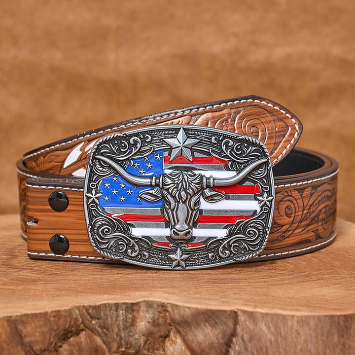 Men's Colorful Star-striped Flag Longhorn bull Buckle Leather Belt - Silver - Brown Feather Belt - 40 - image 14