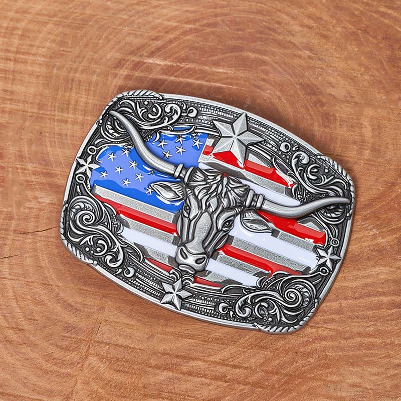 Men's Colorful Star-striped Flag Longhorn bull Buckle Leather Belt - image 1