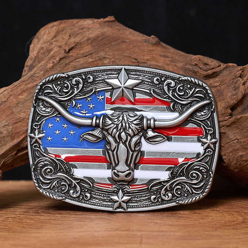 Men's Colorful Star-striped Flag Longhorn bull Buckle Leather Belt - Silver - Without Belt - Not Included Belt - image 0