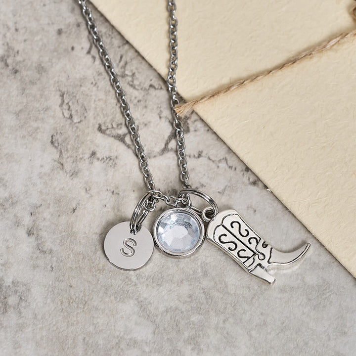 Western Cowboy Silver Boots With Letter Gemstone Pendant Necklace - White - Z - image 3
